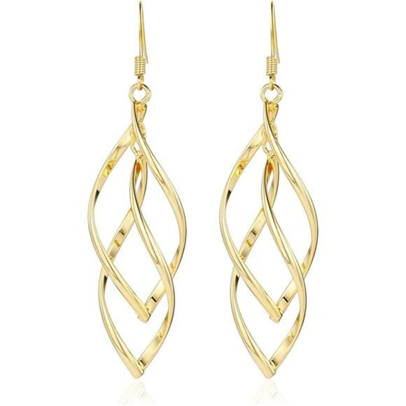18K Women\'s Gold Linear Swirl Wire Earrings Dangling Boho Dangle Drop